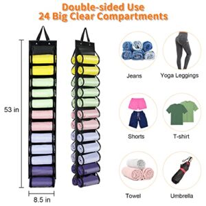 Clothes Storage Bag Hanger - Hold 24 Compartments Hanging Clothes Storage, Hanger Foldable Leggings Wardrobe Clothes Portable Closets Roll Holder for Tshirts Jeans Yoga Leggings Pants Towels (Black)