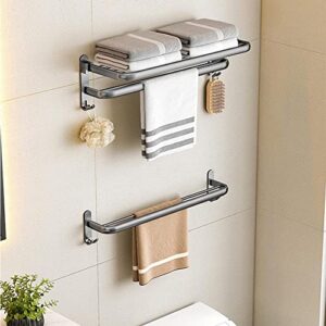 wanlian 2 piece bathroom towel rack, 20inch foldable double towel rack with towel bar and 4 bathroom/kitchen hooks, thickened space aluminum towel rack wall mount (gun grey towel rack)