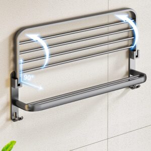 WANLIAN 2 Piece Bathroom Towel Rack, 20inch Foldable Double Towel Rack with Towel Bar and 4 Bathroom/Kitchen Hooks, Thickened Space Aluminum Towel Rack Wall Mount (Gun Grey Towel Rack)