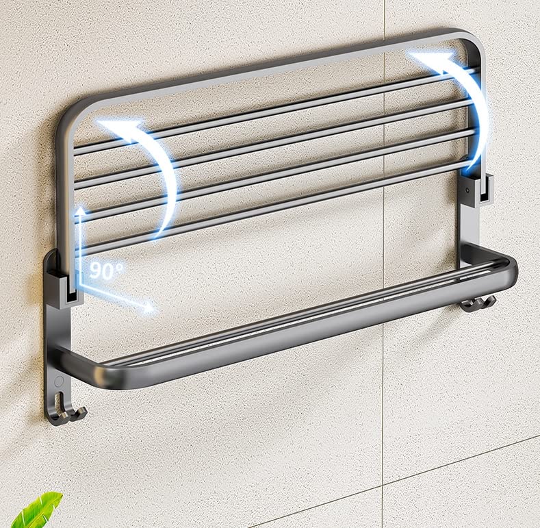 WANLIAN 2 Piece Bathroom Towel Rack, 20inch Foldable Double Towel Rack with Towel Bar and 4 Bathroom/Kitchen Hooks, Thickened Space Aluminum Towel Rack Wall Mount (Gun Grey Towel Rack)