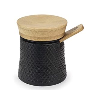 Peugeot Bali Black Cast-Iron Pepper Mill & Salt Cellar With Wooden Tray Gift Boxed- With Wooden Spice Scoop
