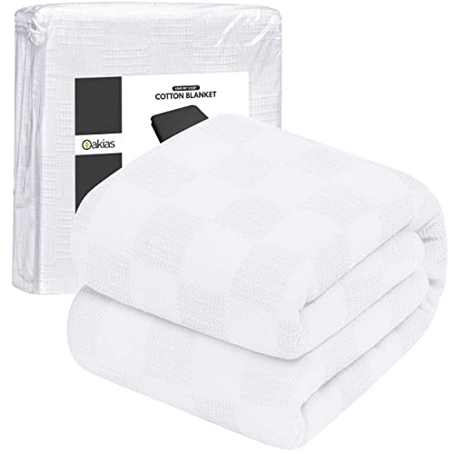 Oakias Summer Cotton Blanket Queen White – Lightweight Thermal Blanket – 350 GSM – 90 x 90 Inches – Ideal for All Seasons – Perfect for Covering Any Bed