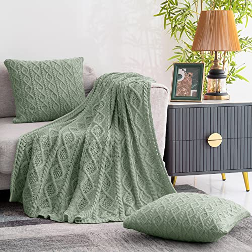 Homiest Cable Knit Throw Blanket and Pillow Set, Sage Green Throw Blanket Set of 3, Knitted Throw Blanket (50"x60") & 2 Pillow Covers (18"x18"), Soft & Cozy Decorative Throw Blanket for Couch Bed Sofa