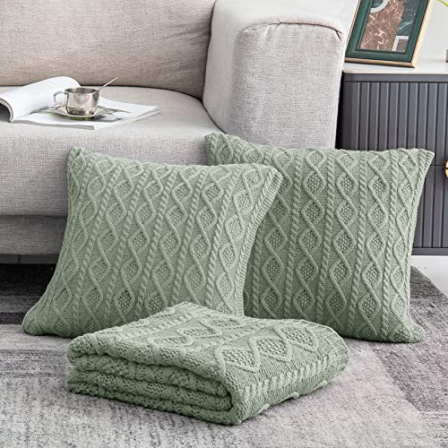 Homiest Cable Knit Throw Blanket and Pillow Set, Sage Green Throw Blanket Set of 3, Knitted Throw Blanket (50"x60") & 2 Pillow Covers (18"x18"), Soft & Cozy Decorative Throw Blanket for Couch Bed Sofa