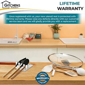 Gitchens Premium Utensil And Spoon Rest with Deep Drip Pad And Pot Lid Holder | Utensils And Spoons Cooking Stand for a Clean Grill, Stove And Kitchen | 2 Pack (White And Grey) with Hanging Hooks