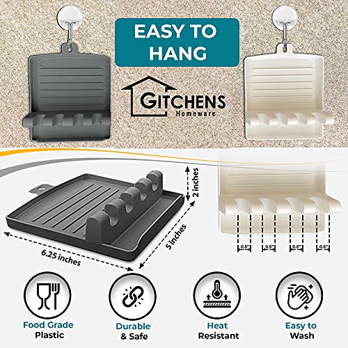 Gitchens Premium Utensil And Spoon Rest with Deep Drip Pad And Pot Lid Holder | Utensils And Spoons Cooking Stand for a Clean Grill, Stove And Kitchen | 2 Pack (White And Grey) with Hanging Hooks