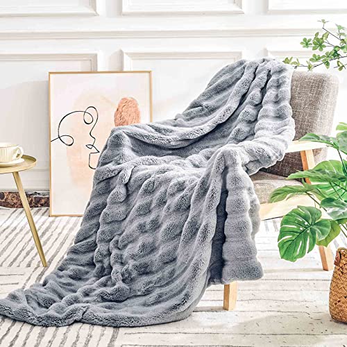 NEXHOME PRO Faux Fur Throw Blanket, Luxury Soft Rabbit Warm Fuzzy Cozy Fluffy Feel Fleece Blankets for Women 50" X 60",Comfy Ruched Blanket for Sofa Couch Bed DÉcor Grey