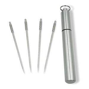 4 pieces titanium toothpicks set with stainless toothpick holder for keychain-portable outdoor non-toxic reusable toothpicks- ideal for camping, fruit picks,pill container- great christmas giveaways