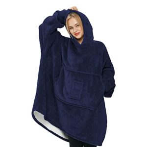 huayoute oversized blanket hoodie wearable blanket sweatshirt for women men adult and kids, super soft warm and cozy hooded blanket thick flannel blanket with sleeves and giant pocket（navy blue）
