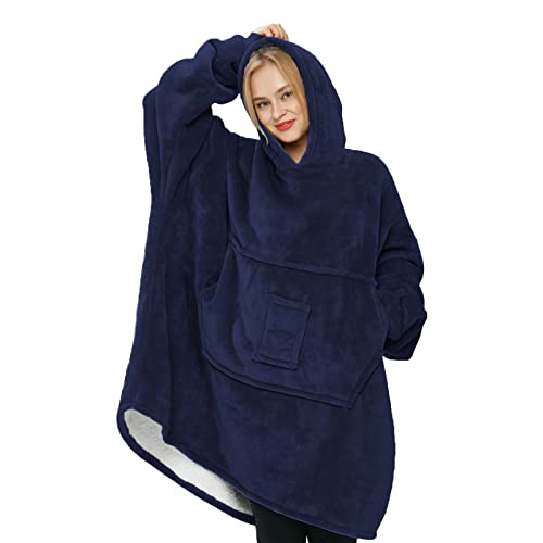 huayoute Oversized Blanket Hoodie Wearable Blanket Sweatshirt for Women Men Adult and Kids, Super Soft Warm and Cozy Hooded Blanket Thick Flannel Blanket with Sleeves and Giant Pocket（Navy Blue）