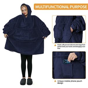 huayoute Oversized Blanket Hoodie Wearable Blanket Sweatshirt for Women Men Adult and Kids, Super Soft Warm and Cozy Hooded Blanket Thick Flannel Blanket with Sleeves and Giant Pocket（Navy Blue）