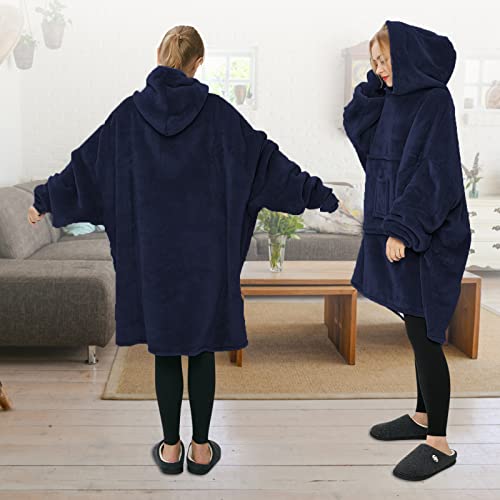 huayoute Oversized Blanket Hoodie Wearable Blanket Sweatshirt for Women Men Adult and Kids, Super Soft Warm and Cozy Hooded Blanket Thick Flannel Blanket with Sleeves and Giant Pocket（Navy Blue）