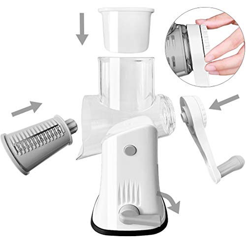 Rotary Cheese Grater Shredder 5-in-1 Tumbling Box Mandoline Vegetable Julienne Slicer Waffle Cutter Nut Chopper with Handle and Strong Suction Base