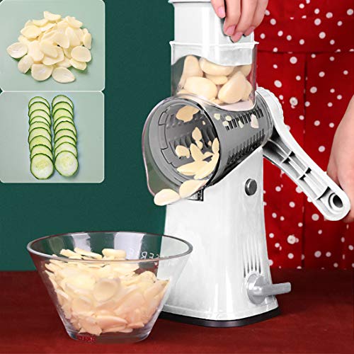 Rotary Cheese Grater Shredder 5-in-1 Tumbling Box Mandoline Vegetable Julienne Slicer Waffle Cutter Nut Chopper with Handle and Strong Suction Base