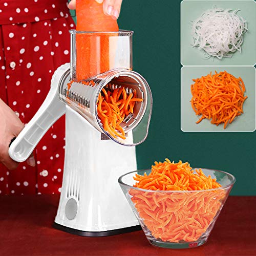 Rotary Cheese Grater Shredder 5-in-1 Tumbling Box Mandoline Vegetable Julienne Slicer Waffle Cutter Nut Chopper with Handle and Strong Suction Base