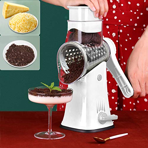 Rotary Cheese Grater Shredder 5-in-1 Tumbling Box Mandoline Vegetable Julienne Slicer Waffle Cutter Nut Chopper with Handle and Strong Suction Base