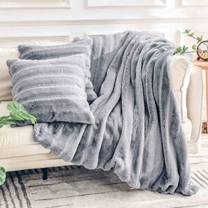 nexhome pro faux fur throw blanket+2 pillow covers set, luxury soft rabbit warm fuzzy cozy fluffy feel fleece blankets for women 50"x60"+2x18 x18,comfy ruched blanket for sofa couch bed dÉcor grey