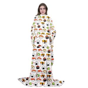 cute sushi print wearable fleece blanket with sleeves for adult kids women men, japanese food micro plush comfy wrap sleeved throw blanket, kawaii soft plush throw blanket with sleeves, 50"x70"