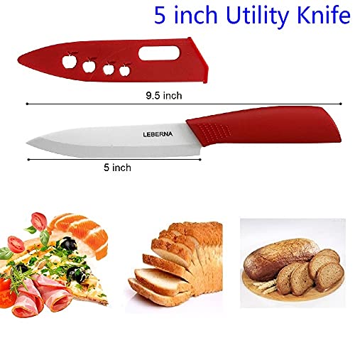 Ceramic Knife Set Ceramic Knives Set for Kitchen Ceramic Kitchen Knives Colored w Sheath 6" Bread Knife 6" Chef Knife 5" Utility Knife 4" Fruit Knife 3" Paring Knife 1 Peeler Colorful Rust Free Proof