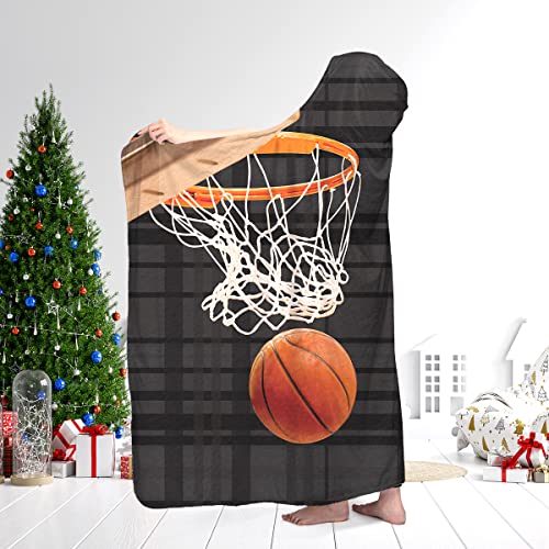 Personalized Amazing Basketball Hoop Hooded Blanket with Name, Fuzzy Hooded Basketball Blanket, Plush Basketball (50x40, 60x50, 80x60) Wearable Hooded Blanket Soft Warm, Gifts for Basketball Lovers