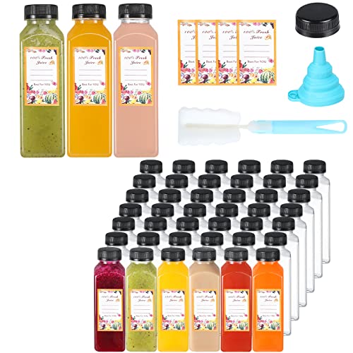 Dabacc Juice Bottles, 45Pcs 12oz Plastic Juice Bottles with Caps Airtight Reusable Clear Empty Water Containers Includes Label Funnel Brush for Juicing Drinking Beverage Smoothies Fridge（12oz）