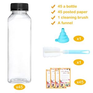 Dabacc Juice Bottles, 45Pcs 12oz Plastic Juice Bottles with Caps Airtight Reusable Clear Empty Water Containers Includes Label Funnel Brush for Juicing Drinking Beverage Smoothies Fridge（12oz）