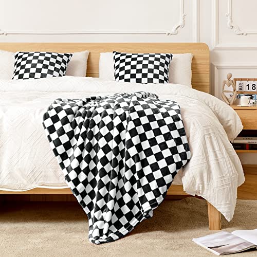 FY FIBER HOUSE Checkered Flannel Fleece Throw Blanket Queen Size Soft Cozy Checkerboard Grid Print Chessboard Gingham Pattern Blankets for Bed Couch Sofa, 90"x90", Black