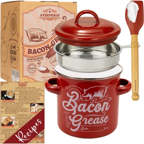 Bacon Grease Container with Strainer - 46OZ Large Capacity, With Silicone Wooden Spatula, Enamel Bacon Grease Keeper for Bacon Drippings, Farmhouse Red Kitchen Decor and Accessories, Dishwasher Safe