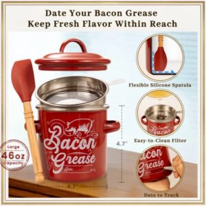 Bacon Grease Container with Strainer - 46OZ Large Capacity, With Silicone Wooden Spatula, Enamel Bacon Grease Keeper for Bacon Drippings, Farmhouse Red Kitchen Decor and Accessories, Dishwasher Safe