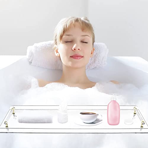 AKaSping 31" Bathtub Rack Clear Bathtub Tray Caddy Tub Shelf Spa Board with Handles Waterproof Bathroom Bathtub Table for Phone Candles Food Wine Glass