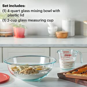 Pyrex Smart Essentials 3-Piece Glass Prep Set, 4-QT Glass Mixing Bowl with lid and 2-Cup Measuring Cup, Dishwasher, Microwave and Freezer Safe, Essential Kitchen Tools