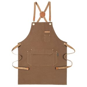 chef apron for men women with pockets, cross back apron for kitchen cooking baking artist painting, cotton canvas work aprons for shop, garden, restaurant, cafe, m to xxl (brown, 1pc gift box pack)