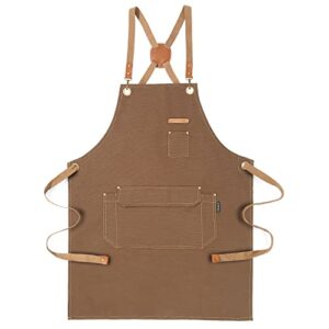 Chef Apron for Men Women with Pockets, Cross Back Apron for Kitchen Cooking Baking Artist Painting, Cotton Canvas Work Aprons for Shop, Garden, Restaurant, Cafe, M to XXL (Brown, 1pc Gift Box Pack)