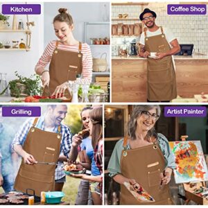 Chef Apron for Men Women with Pockets, Cross Back Apron for Kitchen Cooking Baking Artist Painting, Cotton Canvas Work Aprons for Shop, Garden, Restaurant, Cafe, M to XXL (Brown, 1pc Gift Box Pack)