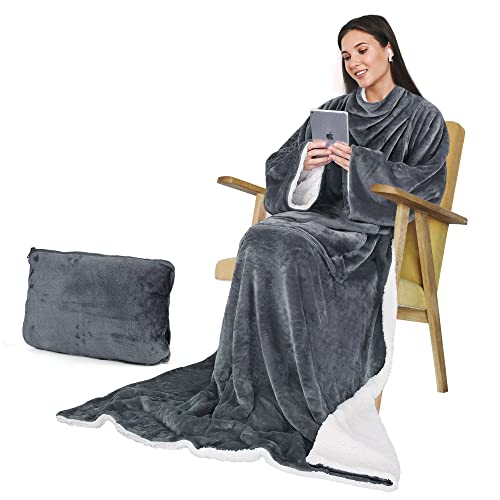 Catalonia Classic Sherpa Fleece Blanket with Sleeves, Super Soft Warm Cozy Wearable Blanket, Portable Travel Blanket Pillow, Gift for Women Men Adult, Grey