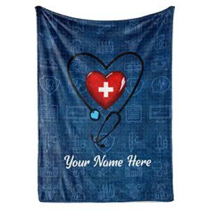 personalized throw blanket with name stethoscope monogram | plush warm fleece for bedding or decorative room decor | gift for nps nurses and doctors | hospital gifts (fleece, 50x60)