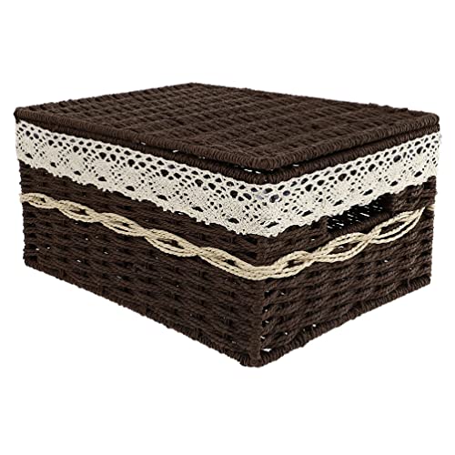 CLISPEED Wicker Storage Basket Woven Basket with Lid Rectangular Decorative Tray Bathroom Storage Organizer Basket for Pantry Toilet Bathroom Bedroom Patio