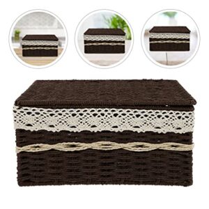 CLISPEED Wicker Storage Basket Woven Basket with Lid Rectangular Decorative Tray Bathroom Storage Organizer Basket for Pantry Toilet Bathroom Bedroom Patio