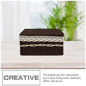 CLISPEED Wicker Storage Basket Woven Basket with Lid Rectangular Decorative Tray Bathroom Storage Organizer Basket for Pantry Toilet Bathroom Bedroom Patio