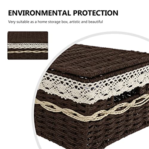 CLISPEED Wicker Storage Basket Woven Basket with Lid Rectangular Decorative Tray Bathroom Storage Organizer Basket for Pantry Toilet Bathroom Bedroom Patio