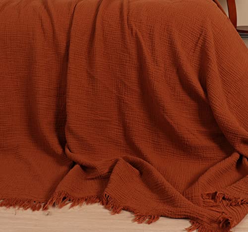 Püskül - Softest 100% Turkish Organic Cotton Muslin Blanket for Adults - 95x102 inch - 1 Piece (Tobacco)