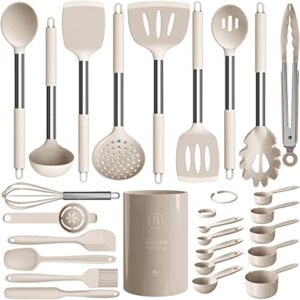 large silicone cooking utensils set - heat resistant kitchen utensils,turner tongs,spatula,spoon,brush,whisk,stainless steel silicone cooking tool for nonstick cookware,dishwasher safe (khaki)