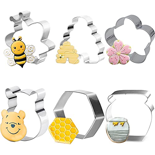 KUKIFUN 6 Pcs Bee Cookie Cutters Set Bee,Beehive,Honey Jar,Winnie the Pooh,Flower Shapes Stainless Steel Biscuit Cutter Molds for Honey Bee Party Baking Muffins Biscuits Sandwiches Fondant Decorations