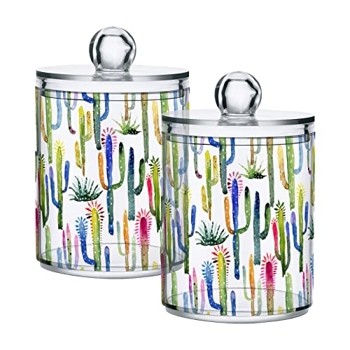 PAIOFNHU Clear Storage Jars with Lids Jar Watercolor Seamless Cactus Waterproof Plastic Jar for Bathroom Vanity 11 Ounce 2 Pack