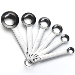 measuring spoons, aoosy 6 piece measuring spoons set stainless steel round heavy duty mirror polished 1/8 tsp, 1/4 tsp, 1/2 tsp, 1 tsp, 1/2 tbsp & 1 tbsp measuring spoon for baking food cooking