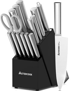 knife set, 15 pieces chef knife set with block for kitchen, german stainless steel knife block set, dishwasher safe, best gifts, silver knives & elegant black holder