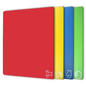 fotouzy plastic cutting board flexible mats with food icons, set of 4, bpa-free, non-porous, upgrade 100% anti-skid back, dishwasher safe, rainbow colors