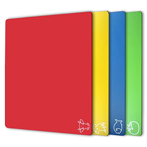 Fotouzy Plastic Cutting Board Flexible Mats With Food Icons, Set of 4, BPA-Free, Non-Porous, Upgrade 100% Anti-skid back, Dishwasher Safe, Rainbow Colors