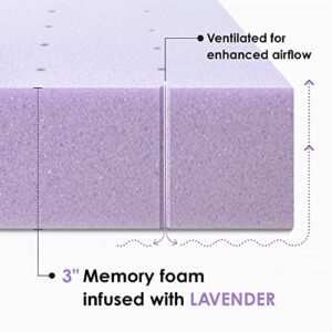 Mellow 3 Inch Ventilated Memory Foam Mattress Topper, Soothing Lavender Infusion, Queen