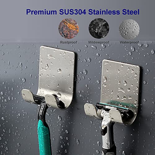 JETIZZO 1pcs Adhesive Shower Razor Hook Razor Holder and 4pcs Rustproof 304 Stainless Steel S Hooks for Shower Caddy, Kitchen Rack, Bathroom Shelf Utility Hooks for Towel, Loofah, Razor (Sliver)